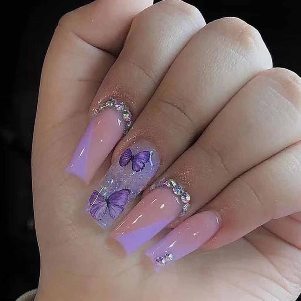 24PCS Purple Glitter Acrylic Press-On Nails with Rhinestone & Butterfly Design - Long Fake Nails for Women & Girls, Full Cover Artificial Nails with Sequins - Perfect for Parties, Weddings, and Special Occasions