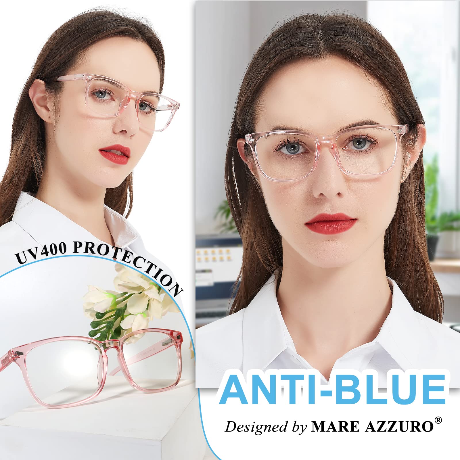 Blue Light Blocking Reading Glasses for Women - MARE AZZURO Computer Readers with Anti-Glare Lenses (0.00 to 6.00 Strength) in Stylish Pink Frame - Perfect for Screen Time, Reading & Office Work