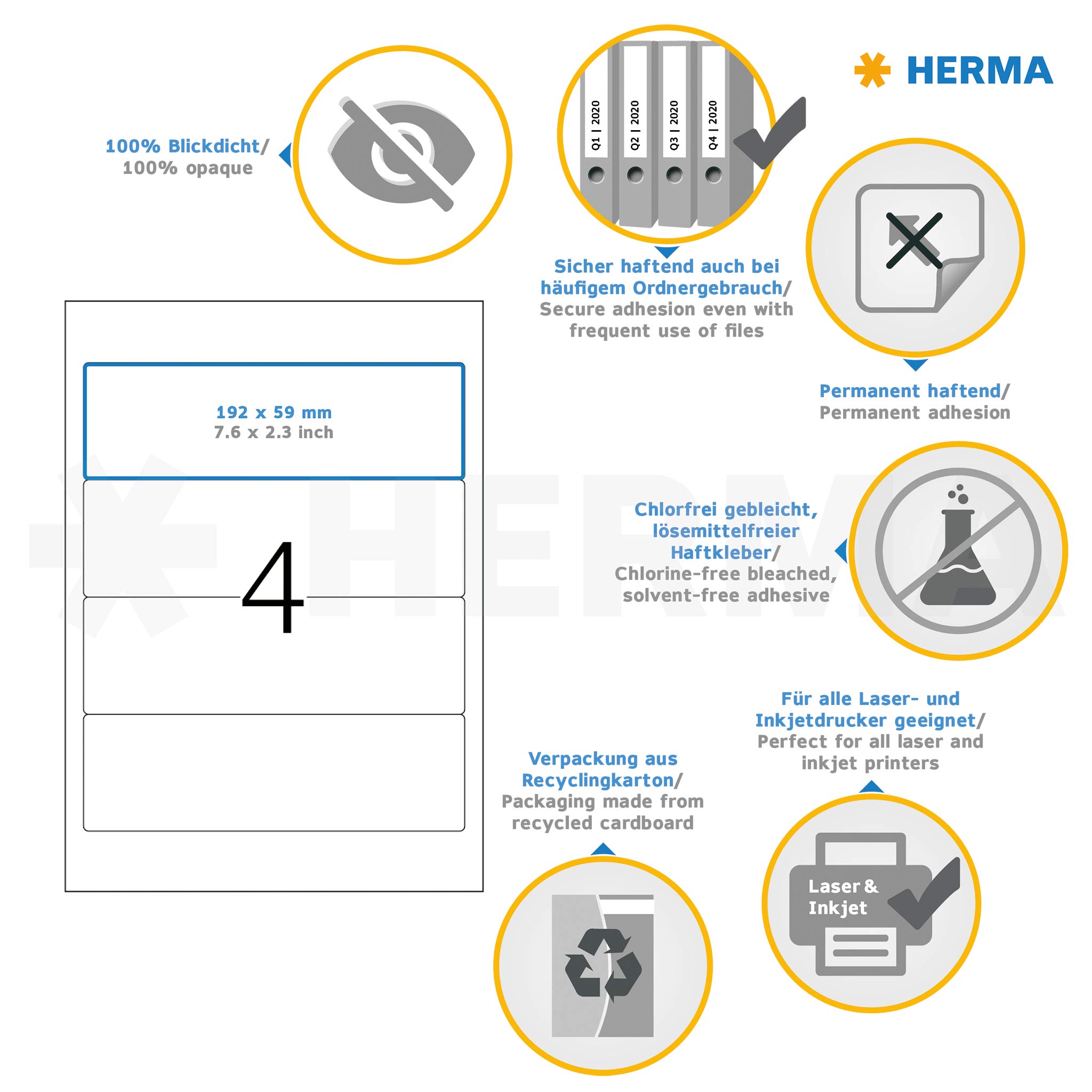 HERMA Self Adhesive Spine Labels - 400 Blank White Labels (4 per A4 Sheet, 100 Sheets, 192x59mm) for Laser & Inkjet Printers - Perfect for File Folders, Lever Arch Files, Office Organization & Document Management