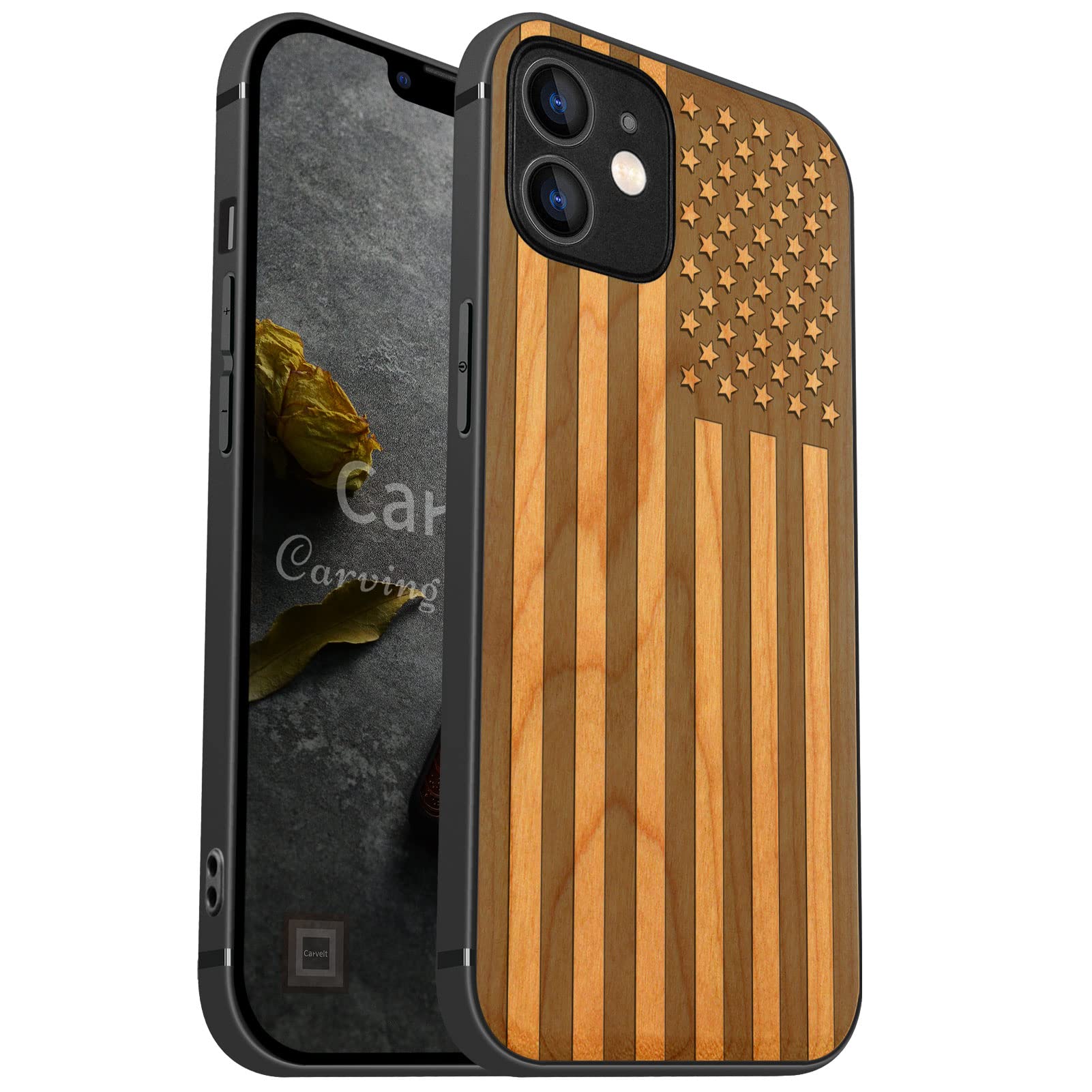 Carveit Magnetic Wood Case for iPhone 12 - Natural Wood & Black TPU Shockproof Protective Cover with Magsafe Compatibility (American Flag Cherry Design) - Durable Wooden Phone Case for Everyday Use, Office & Outdoor Protection