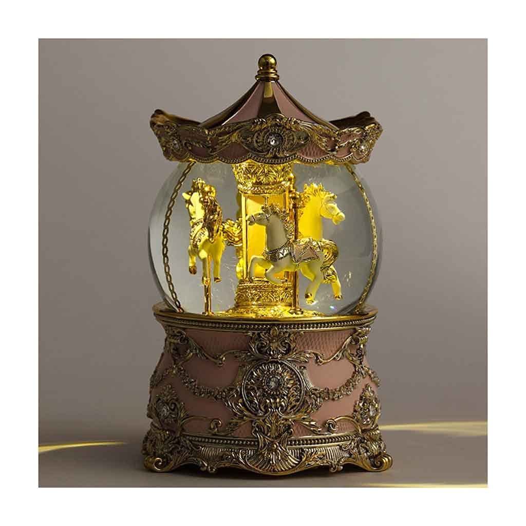 **Pink Carousel Horse Music Box with LED Lights - Christmas Birthday Gift for Women, Kids, Girls, Mom, Daughter & Granddaughter - Musical Snow Globe for Home Décor & Collectibles**    *(Perfect for Holidays, Bedroom Decor, Nursery Room, Gift Giving & Collectors)*