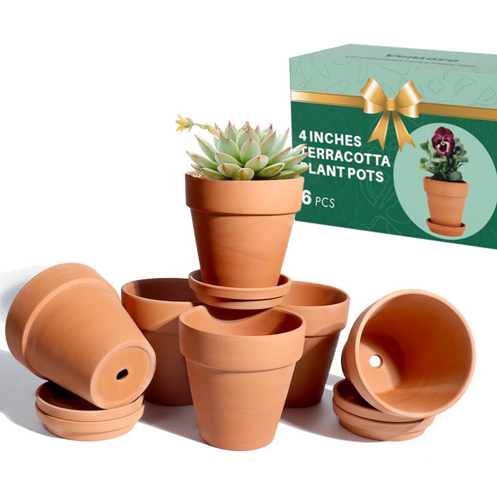Vensovo 4 Inch Terracotta Plant Pots with Saucer - 6 Pack Clay Flower Pots with Drainage Hole for Succulents, Herbs, Indoor Plants | Perfect for Home Decor, Gardening, Wedding Favors & DIY Crafts