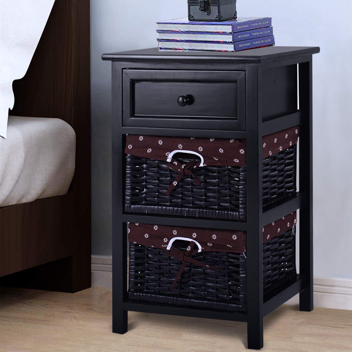KOTEK 3-Tier Wooden Nightstand with Storage - 2 Baskets & 1 Drawer, Modern Side End Table for Living Room, Bedroom, Office - Space-Saving Accent Table (Black) - Perfect for Small Spaces, Apartment Decor & Bedside Organization