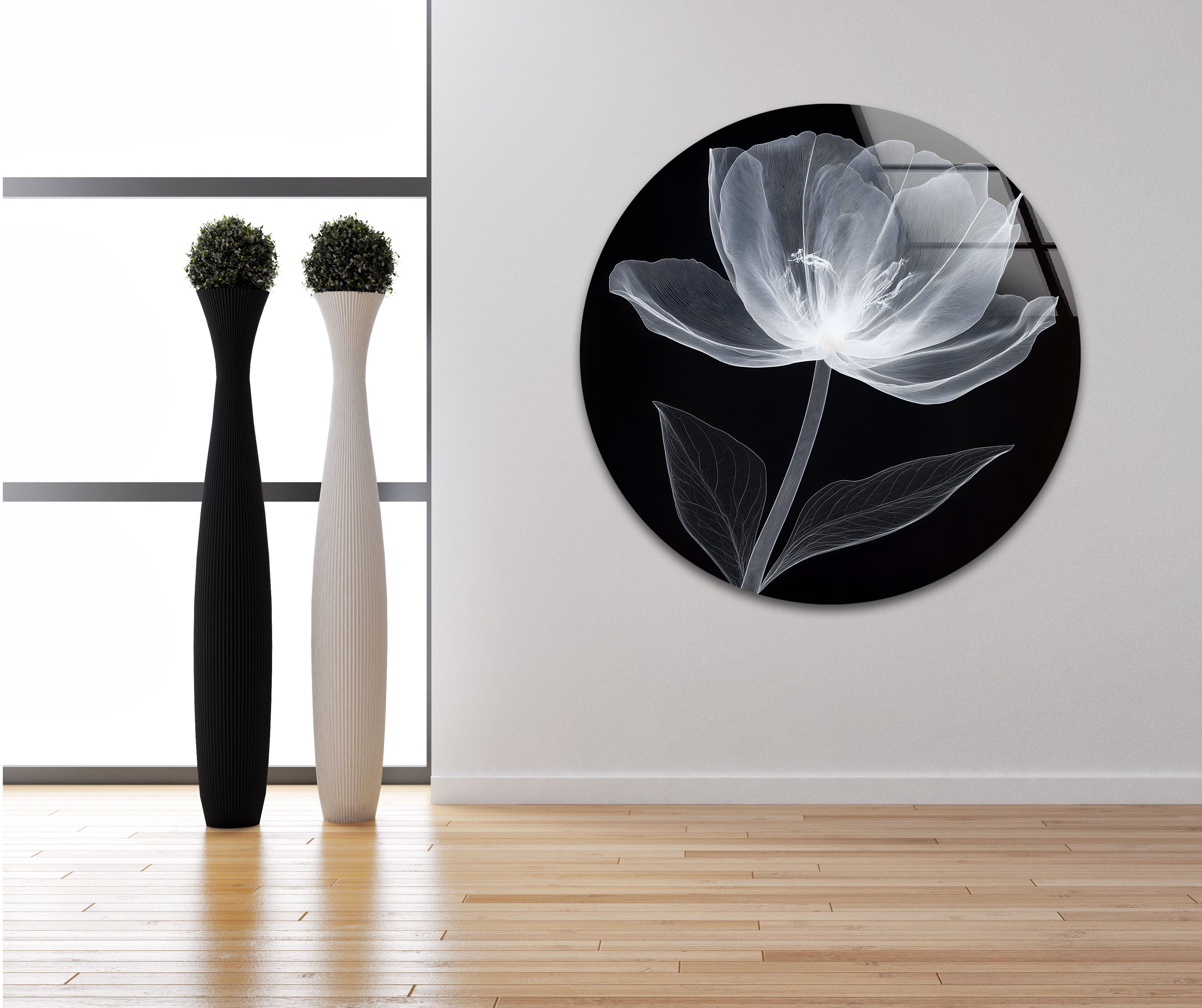 Black and White Minimal Floral Glass Wall Art - Modern Home Decor for Living Room, Bedroom & Office - Elegant Framed Glass Painting for Housewarming Gifts