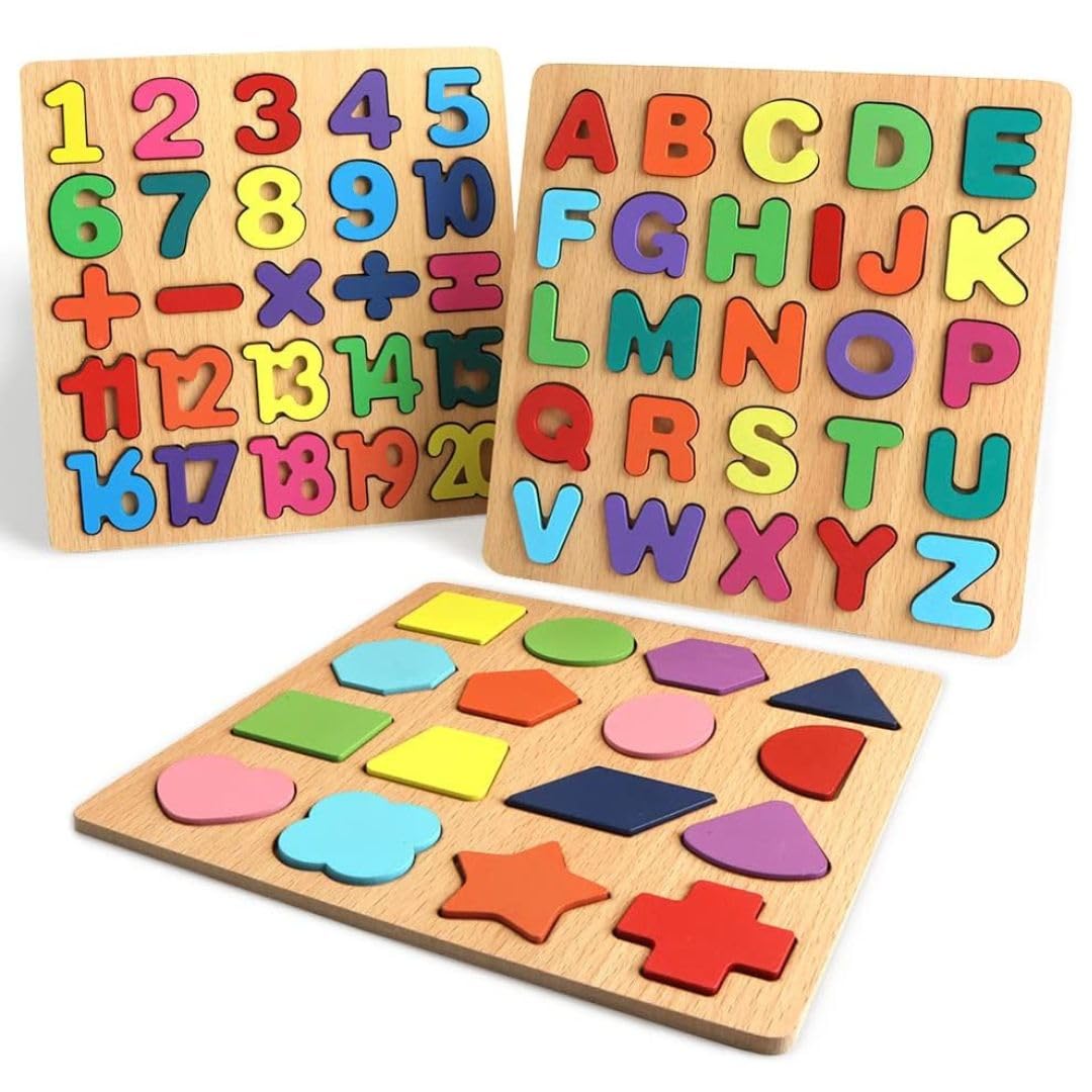 Grandink Wooden ABC Alphabet & Number Puzzles for Toddlers 2-4 Years - 3-in-1 Educational Learning Toys with Shapes for Boys & Girls | Perfect for Preschool Classroom, Homeschooling & Early Childhood Development