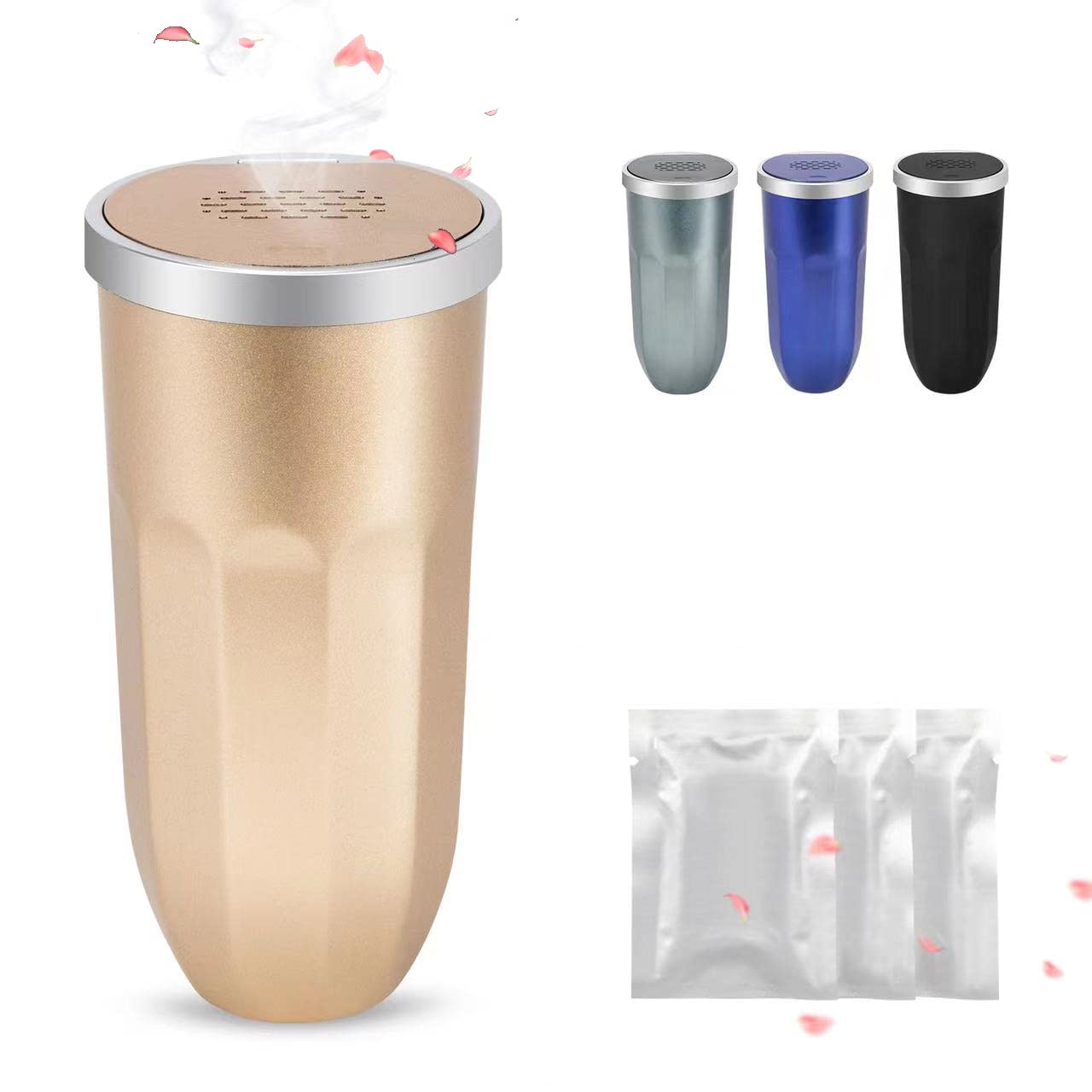 2PCS Car Trash Can with Lid - Leakproof Cup Holder Garbage Bin with 3 Fragrance Tablets, Press to Open Auto Trash Can for Vehicle, Home, Office & Travel - Perfect for Road Trips, Commuting & Daily Use (Gold)