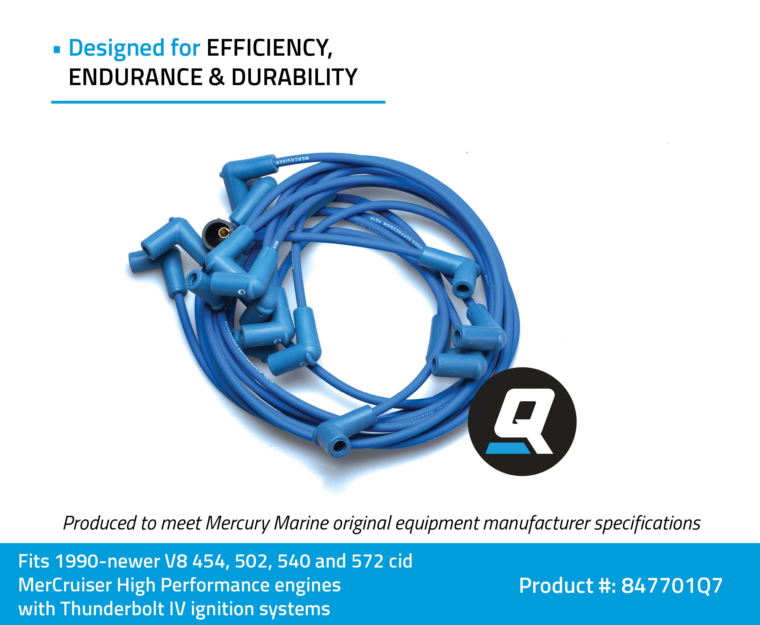 Quicksilver 847701Q7 Blue Wire Spark Plug Wire Kit - High Performance Ignition Wires for Marine & Automotive Engines - Perfect for Boats, Jet Skis, and Classic Cars