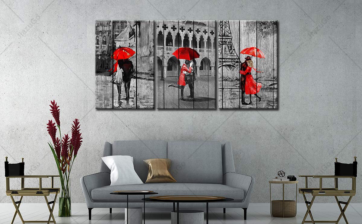 JiazuGo - Romantic Red Umbrella Woman Painting, Paris Eiffel Tower Black & White Cityscape Art, Stretched Framed Canvas Wall Decor for Bedroom, Living Room, Valentine's Day Gift for Couples & Lovers | Perfect for Home, Office & Wedding Decor
