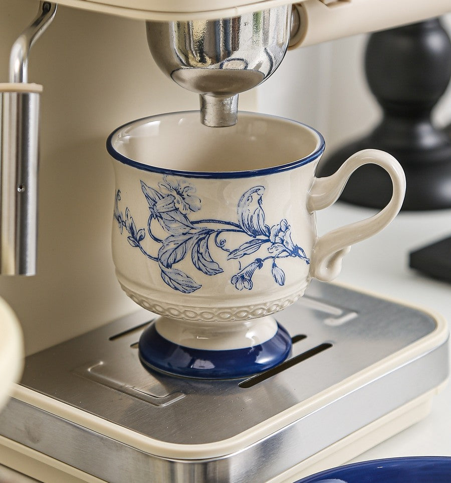 Elegant Ceramic Coffee Cup and Saucer Set - Blue Porcelain Tea Cups for Afternoon Tea, British Style - Perfect for Home, Office, and Gifts
