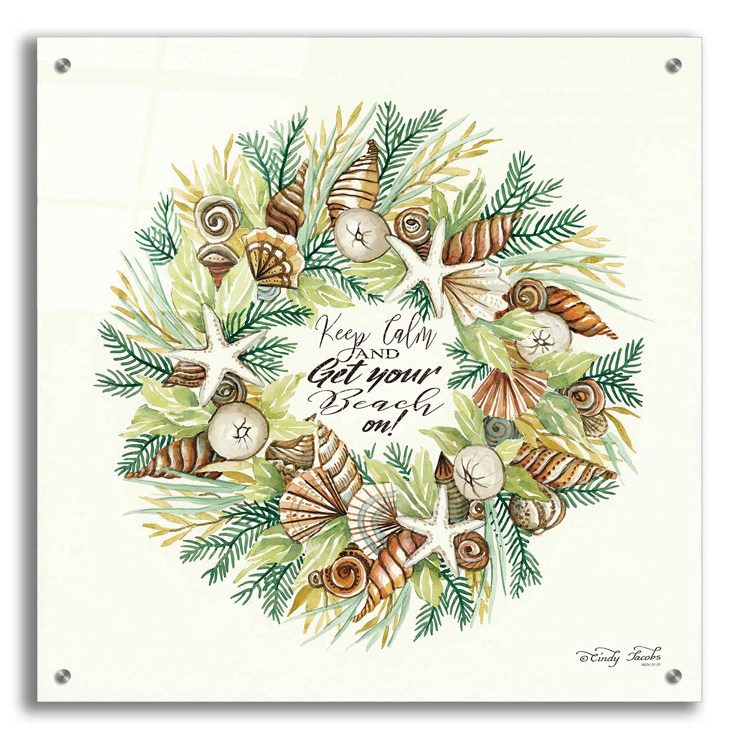 Epic Art 'Get Your Beach On Shell Wreath' by Cindy Jacobs - 24x24 Inch Coastal Beach Decor Acrylic Glass Wall Art for Living Room, Bedroom & Bathroom - Perfect Nautical Home Decor for Beach Houses & Vacation Homes