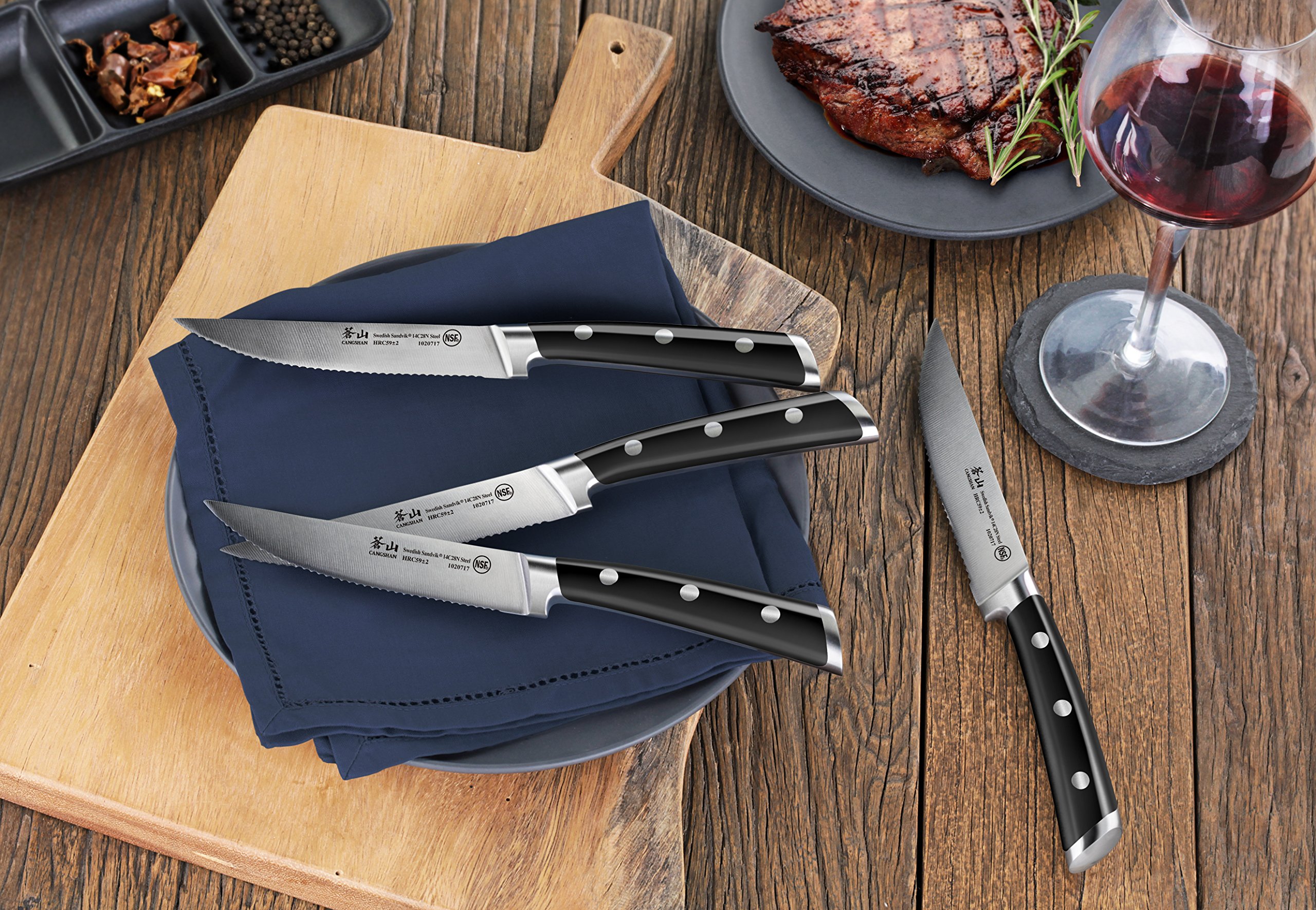 Premium Cangshan TS Series 4-Piece Steak Knife Set - Swedish 14C28N Forged Steel Blades - Sharp Durable Cutlery for Steak, Meat & Fine Dining