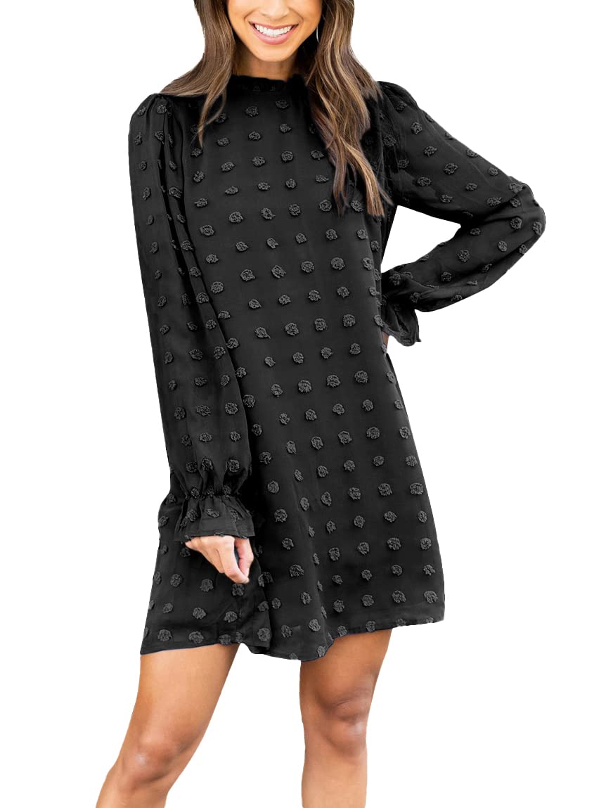 FAMITION Women's Long Sleeve Swiss Dot Chiffon Mini Dress - Elegant Wedding Guest, Fall Casual & Flowy Party Dress for Women | Perfect for Bridal Showers, Date Nights & Office Wear