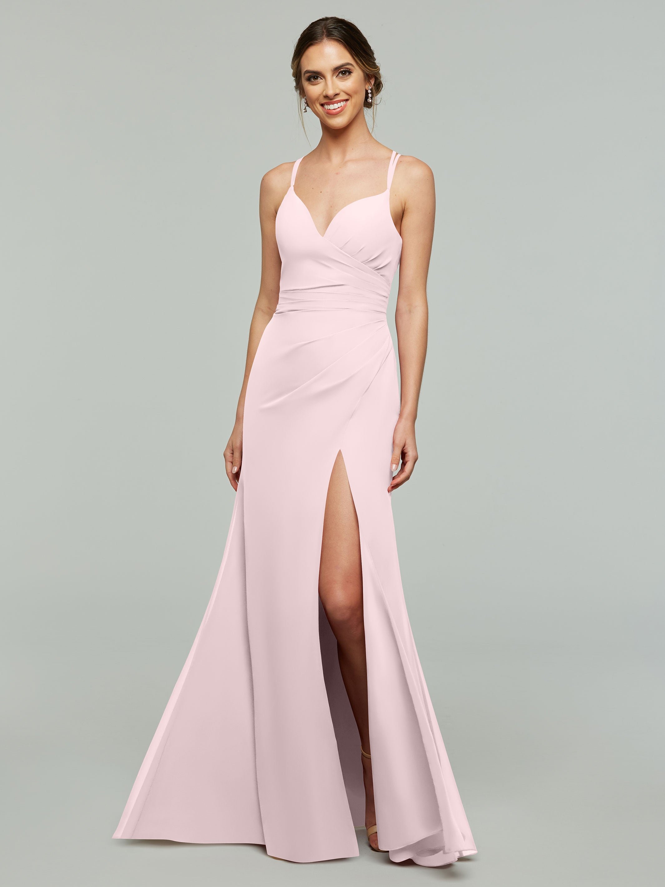 Elegant 80130 Chiffon Sheath Bridesmaid Dress - V Neck & High Slit Design for Weddings, Formal Events & Special Occasions