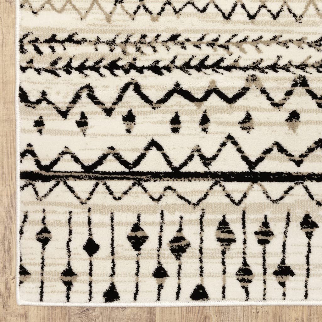 HomeRoots Polypropylene 2' x 8' Ivory and Black Eclectic Patterns Indoor Runner Rug - Non-Slip Hallway Carpet for Entryway, Kitchen, and High Traffic Areas