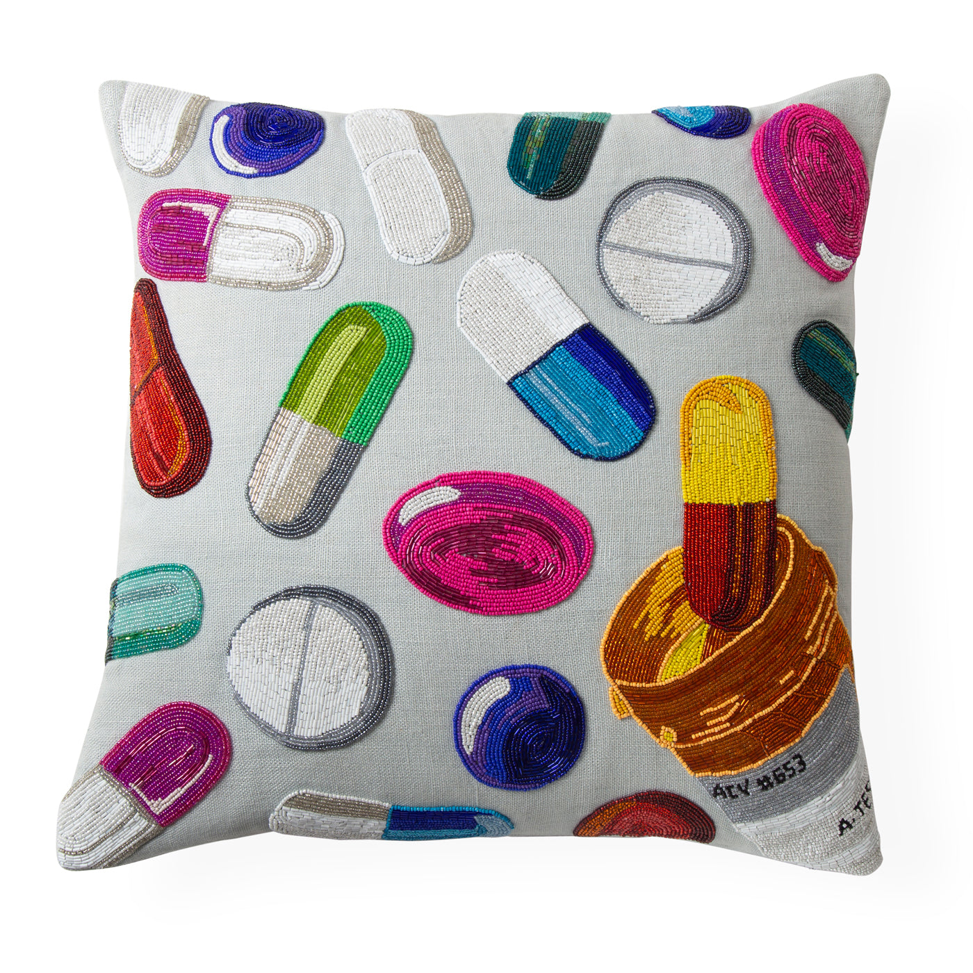 Happy Pills Beaded Pillow - Stress Relief & Anxiety Support - Decorative Boho Throw Pillow for Couch, Bedroom, Meditation Room & Yoga Studio