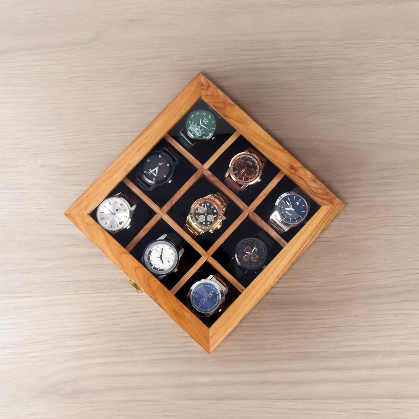 Premium Teakwood Watch Box with Lid - 3/6/9/12 Slot Watch Display Case & Jewelry Storage Organizer - Handcrafted Wooden Key Storage Box - Perfect Gift for Men & Women - Ideal for Watch Collectors, Jewelry Organization & Home Décor (9 Slots)