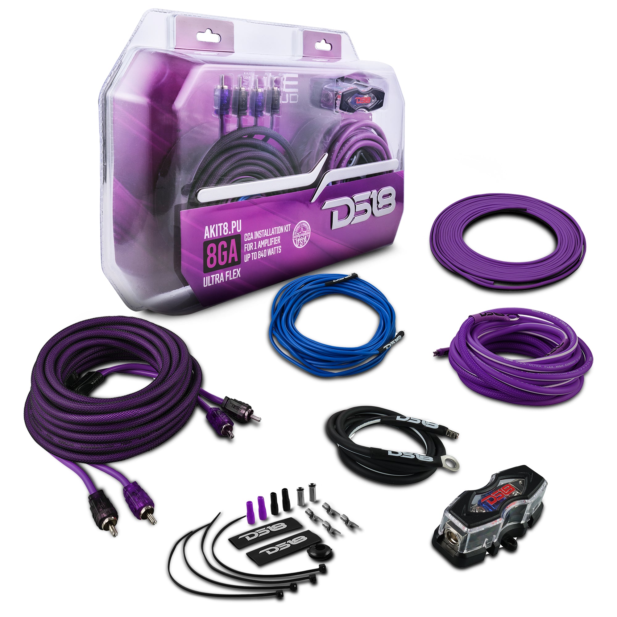 8 GA Amplifier Installation Wiring Kit - Heavy Duty Car Audio Power Cable with Purple Insulation for Amplifiers, Subwoofers, and Car Stereo Systems - Perfect for DIY Car Audio Upgrades and Professional Installations