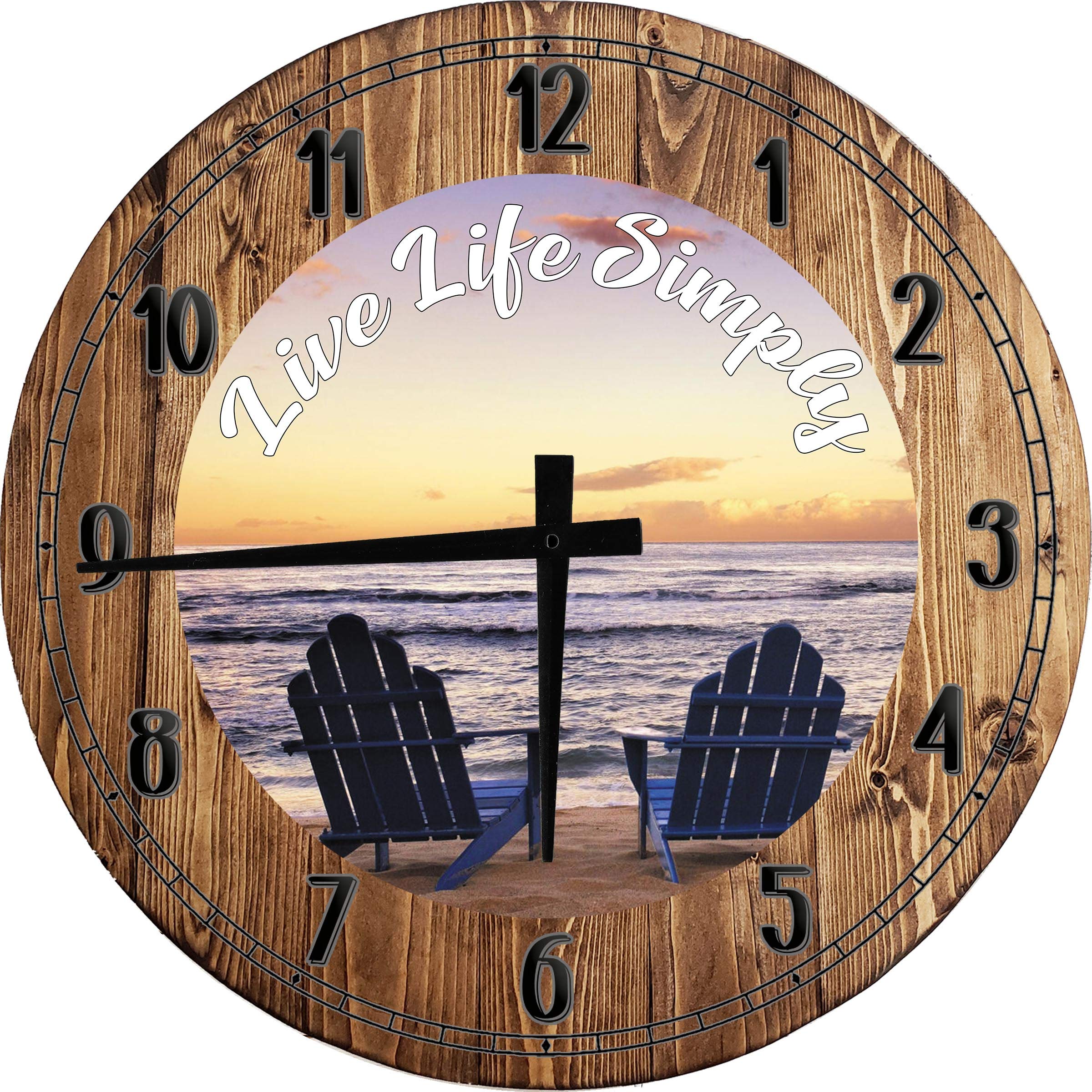 Beachy Wall Art - Large 12 Inch Round Wood Wall Clock with Beach Chairs Design for Relaxing Home Decor | Perfect for Living Room, Bedroom & Coastal-Themed Spaces