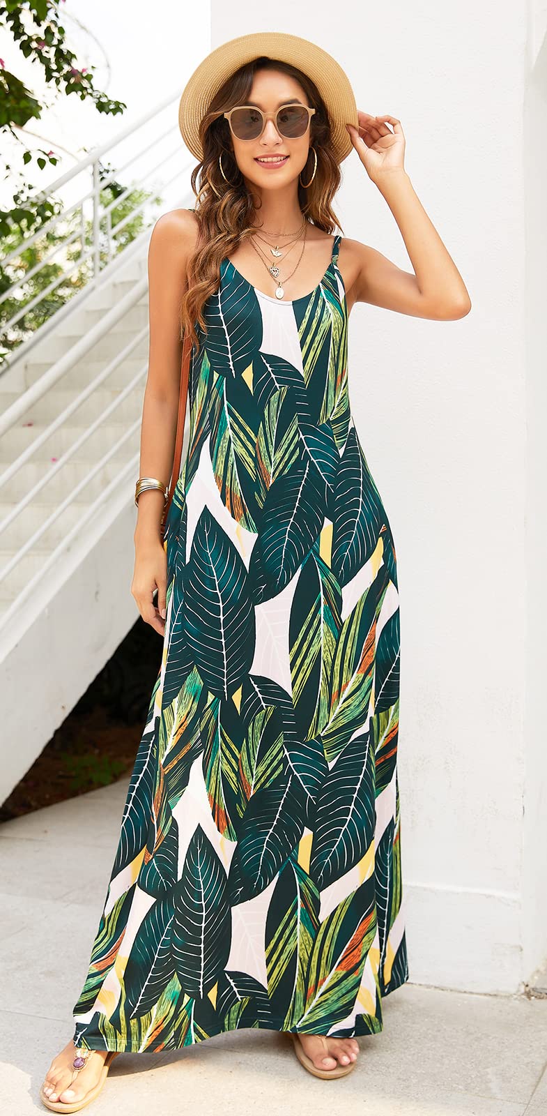 Supnier Women's Summer Maxi Dress - Casual V-Neck Sleeveless Bohemian Floral Long Dress with Spaghetti Straps & Pockets | Perfect for Beach Vacations, Date Nights & Outdoor Parties