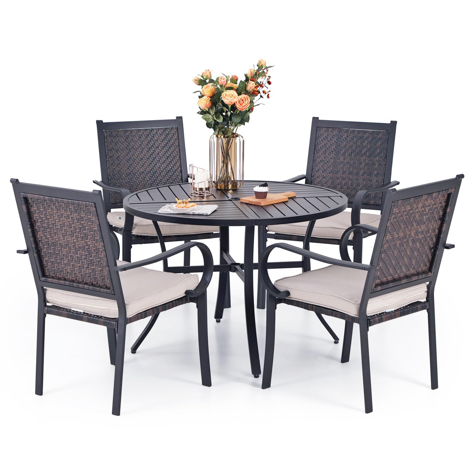 5-Piece Patio Dining Set with 4 PE Rattan Chairs & Round Table - Outdoor Furniture for Balcony, Backyard, Garden - Includes Cushions & 1.57