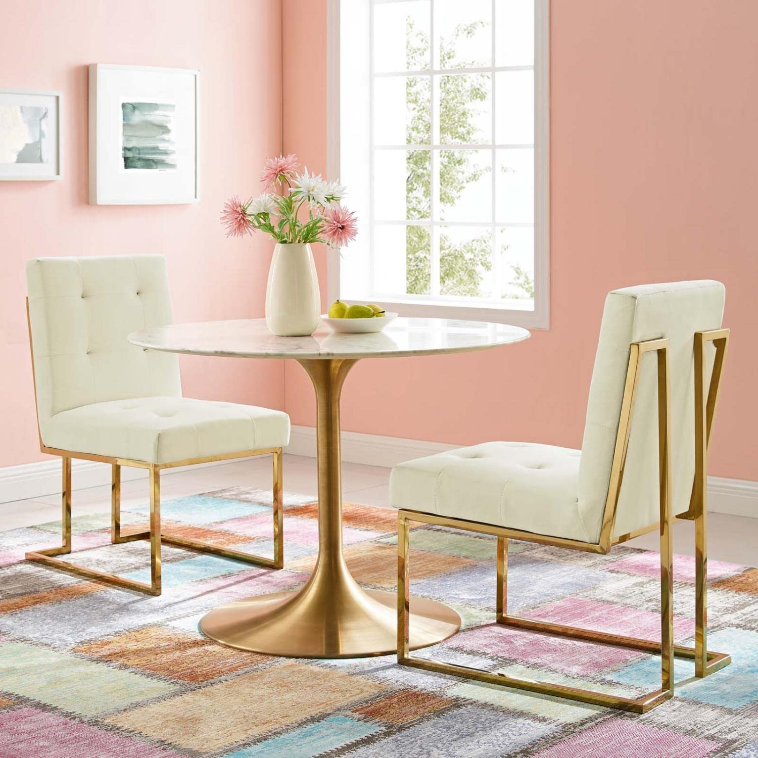 Modway Privy Stainless Steel Performance Velvet Dining Chairs - Set of 2, Gold & Ivory - Modern Kitchen & Dining Room Seating for Home & Restaurant Use