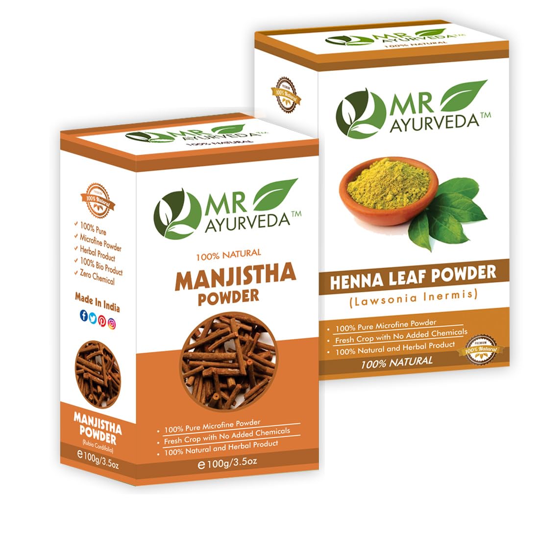 MR Ayurveda 100% Pure Manjistha Powder & Henna Powder - 2 Pack (200g) | Natural Hair Dye & Skin Care | For DIY Hair Coloring, Ayurvedic Treatments & Holistic Beauty Routines