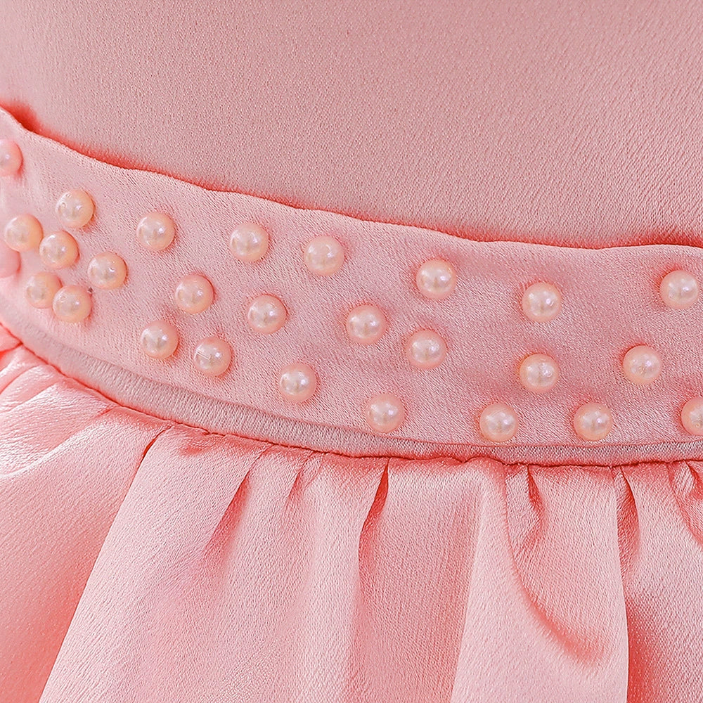 Pink Princess Round Tea Length Satin Flower Girl Dress for Weddings, Birthday Parties & Special Occasions