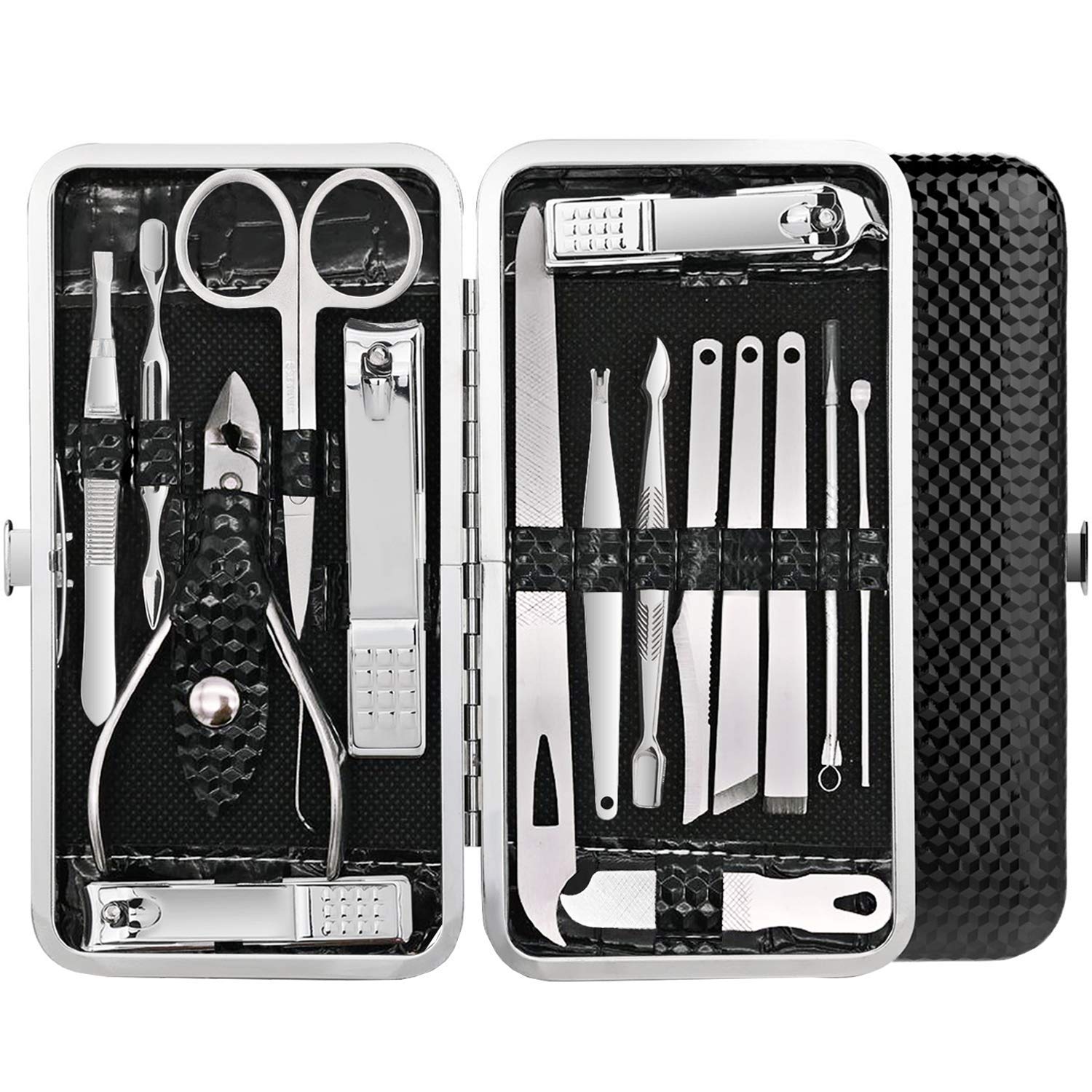 ClubComfort Professional 16-Piece Manicure & Pedicure Set - Stainless Steel Nail Clippers, Scissors & Grooming Tools with Leather Case (Black/Red) | Perfect for Home Spa, Travel & Salon Use