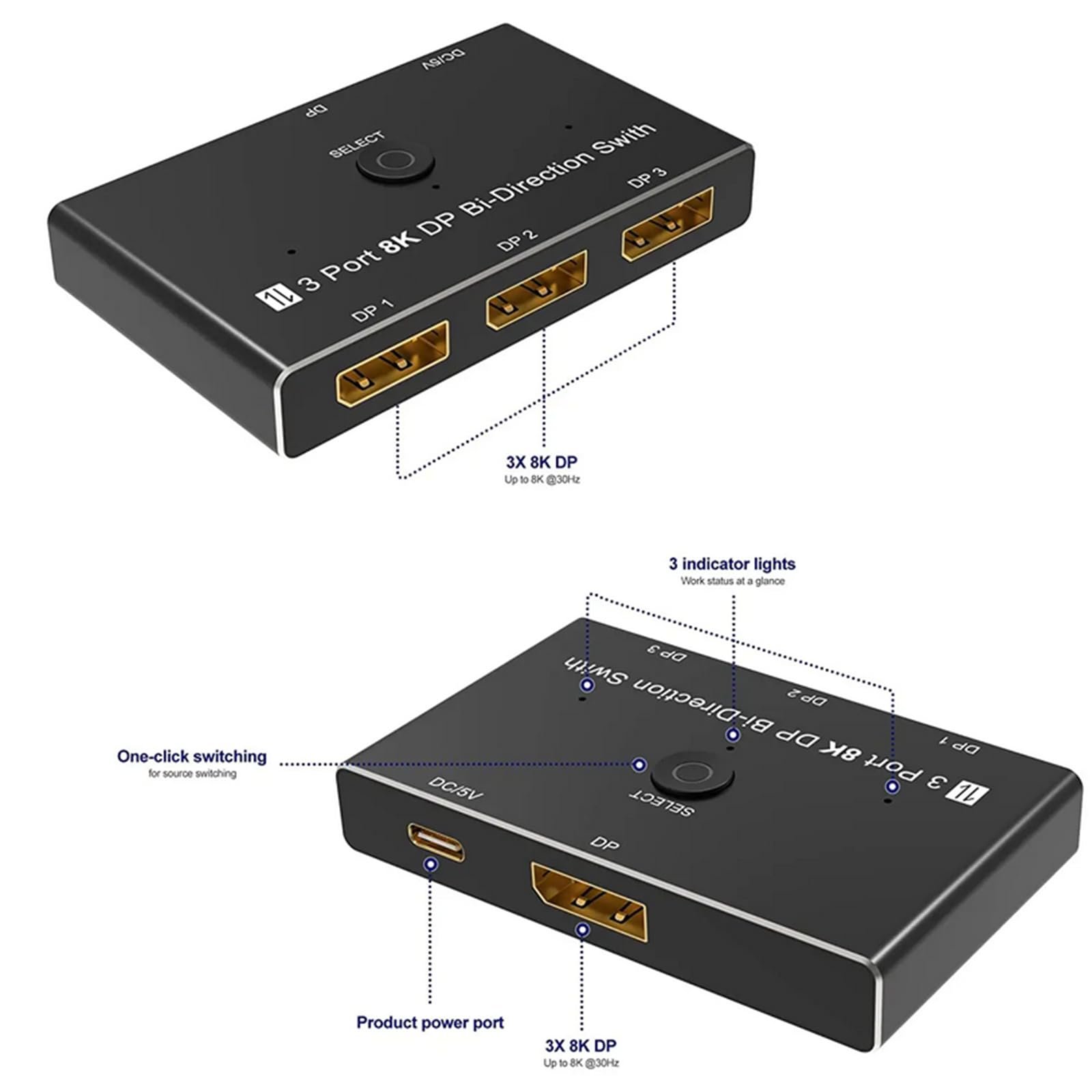NATEFEMIN 1 in 3 Out/3 in 1 Out DisplayPort Switch, DP1.4 Selector Switch 8K@30Hz 4K@144Hz Bi-Directional HDMI Compatible for Monitor, Laptop, Gaming Console - Perfect for Multi-Screen Setup, Home Office & Gaming Stations