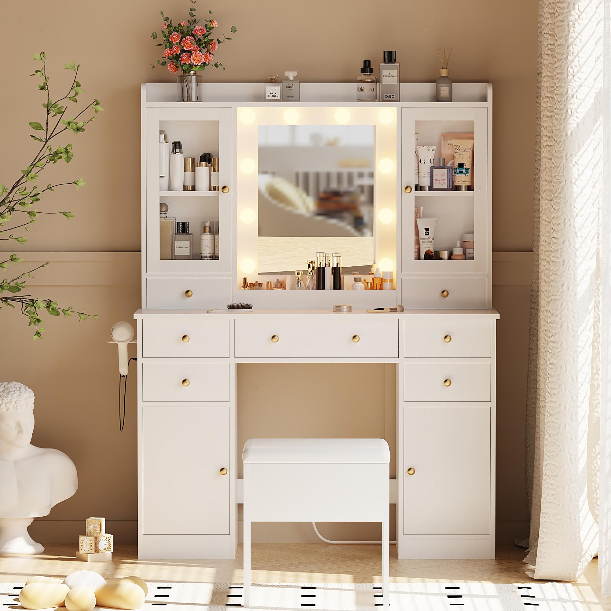 Vanity Desk with Mirror and LED Lights - White Makeup Vanity Set with Adjustable 3-Color Lighting, Built-in Charging Station & Matching Chair - Perfect for Women's Bedroom, Dressing Room or Beauty Salon