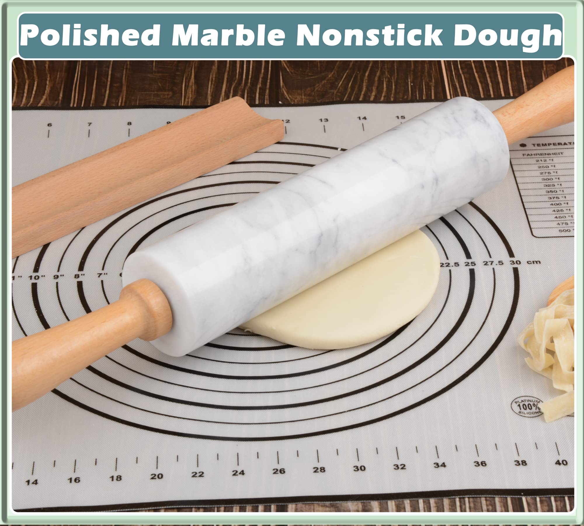 Premium 18.5 Inch White Marble Rolling Pin with Wooden Cradle - Thick Handle Baking Roller for Pizza Dough, Fondant, Pie Crust - Non-Stick Surface & Easy to Clean - Perfect for Home Baking, Pastry Making & Cookie Decorating