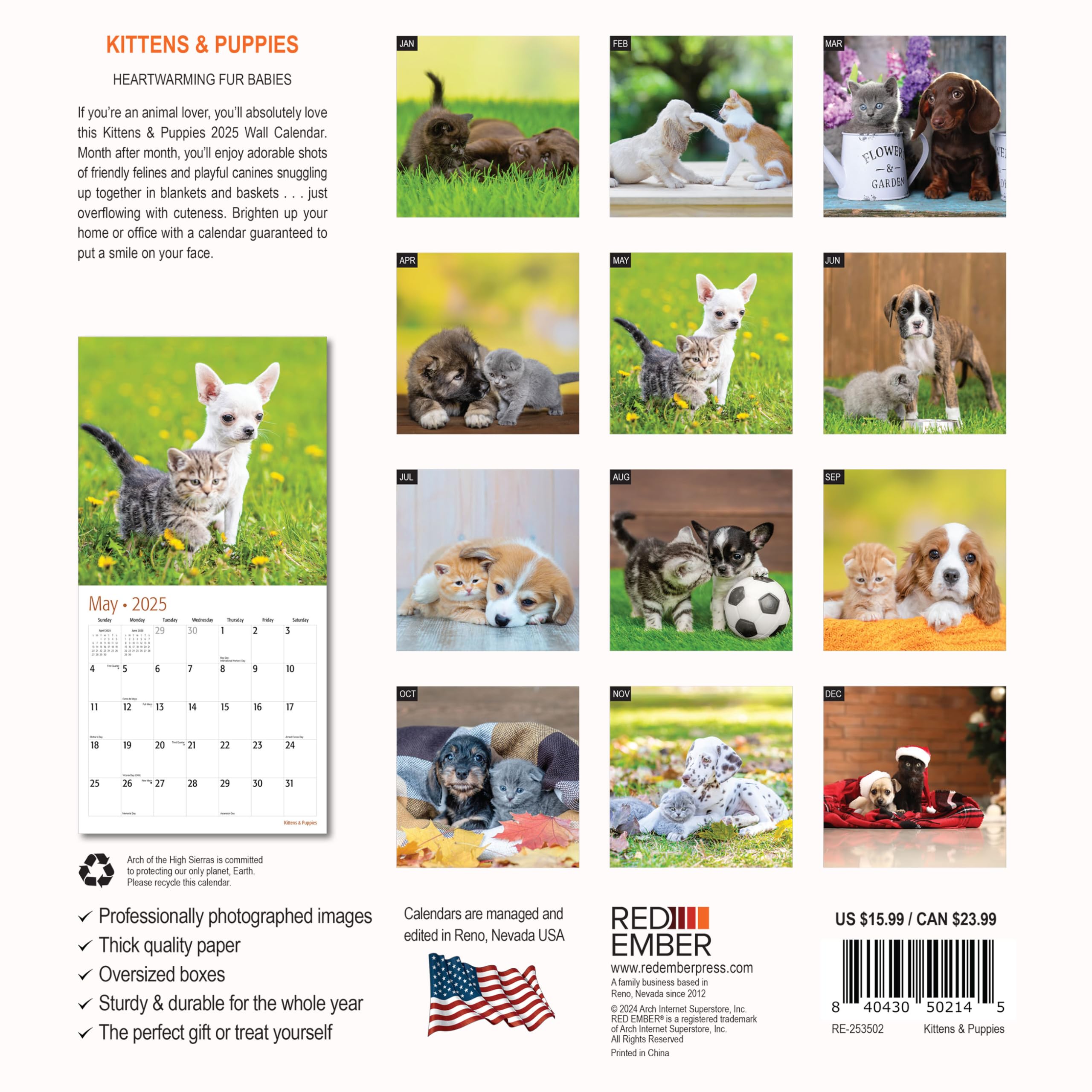 RED EMBER Kittens & Puppies 2025 Wall Calendar - 12 Month Large 12x24 Inch with Thick Sturdy Paper - Perfect Gift for Pet Lovers, Home & Office Decor