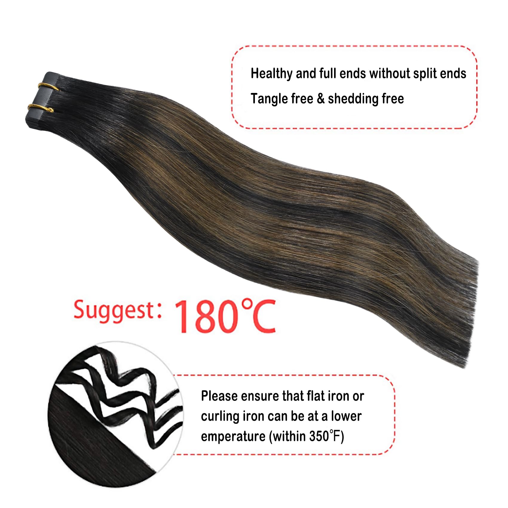 Ombre Black to Light Brown Human Hair Extensions 16 Inch - Silky Straight 30g 20pcs Natural Black to Chestnut Brown Highlight Tape-in Hair | Perfect for Daily Styling, Parties & Special Occasions
