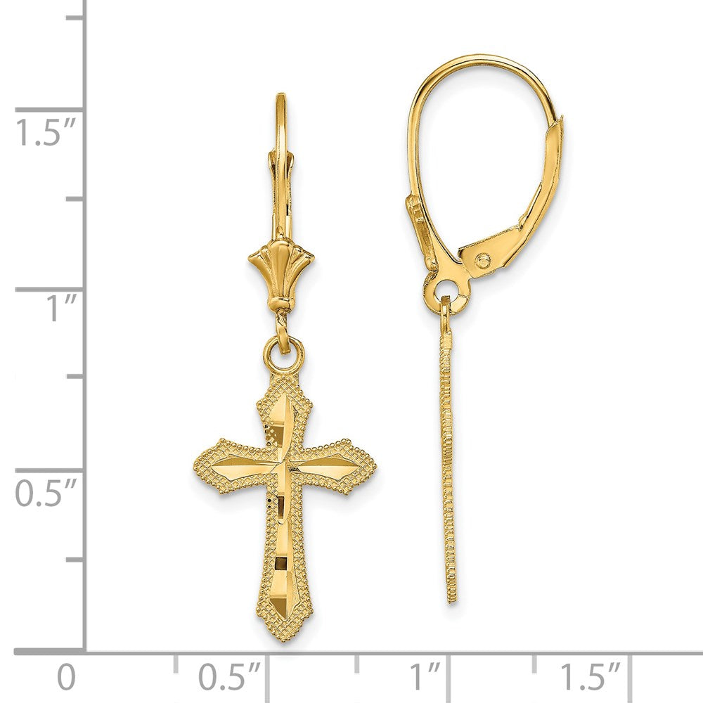 Gold Diamond Cut Cross with Beaded Edge Leverback Earrings TF1778 - Elegant Religious Jewelry for Women, Perfect for Church, Weddings & Special Occasions