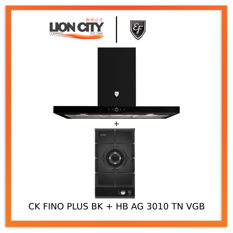 EF 90cm Stainless Steel Chimney Range Hood CK FINO PLUS BK with HB AG 3010 TN VGB 30cm Single Burner Gas Hob - Perfect for Modern Kitchens & Small Spaces