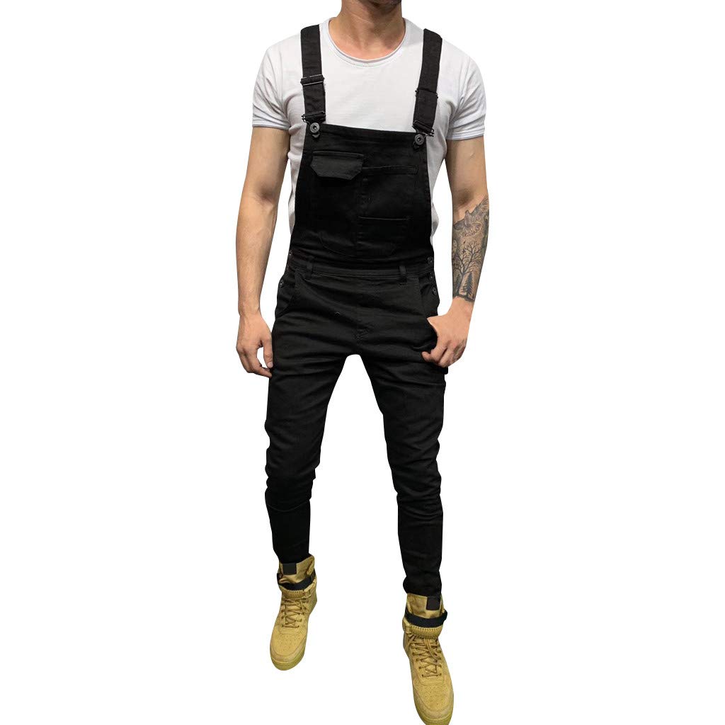 Men's Black Pocket Denim Overalls Jumpsuit - Streetwear Suspender Pants for Casual Wear (Medium) | Perfect for Urban Fashion, Workwear & Vintage Style Outfits
