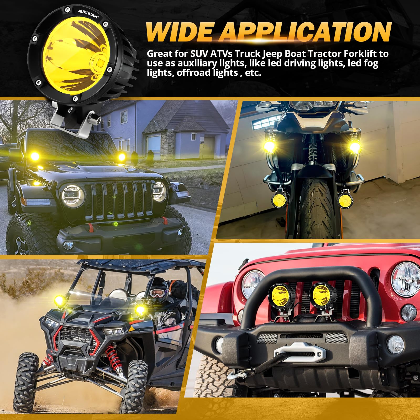Auxbeam 4Inch 72W Amber LED Fog Lights - 2PCS 7200LM Round Offroad Light Pods with Wiring Harness Kit - Super Bright Yellow Spot Beam for Jeep, Wrangler, SUV, ATV, UTV - Perfect for Offroading, Night Driving & Foggy Conditions
