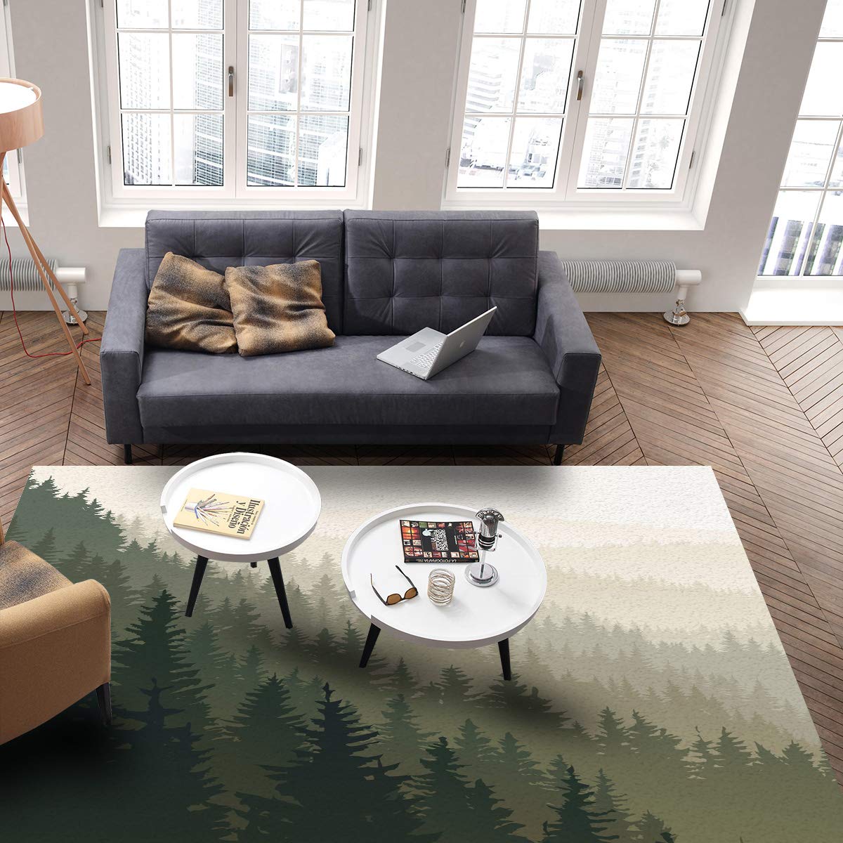 5' x 7' Large Area Rugs for Nursery, Kids Room - Scandinavian Woodland Design with Coniferous Trees - Soft Throw Carpet for Living Room, Bedroom, Kitchen Runner - Modern Floor Covering for Home Decor & Play Areas
