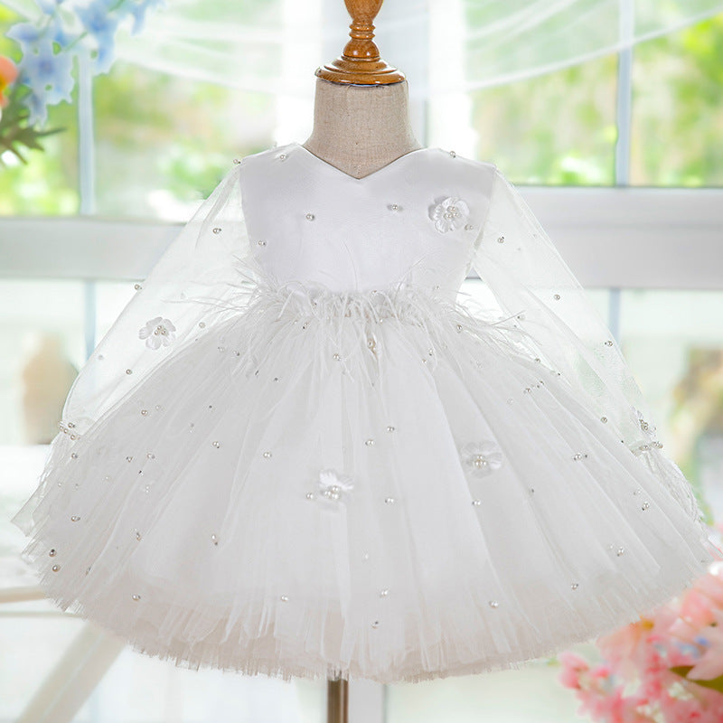 Elegant White Mesh First Communion Dress for Baby Girls - Christening Gown for Toddlers - Perfect for Baptism, Church Ceremonies & Special Occasions
