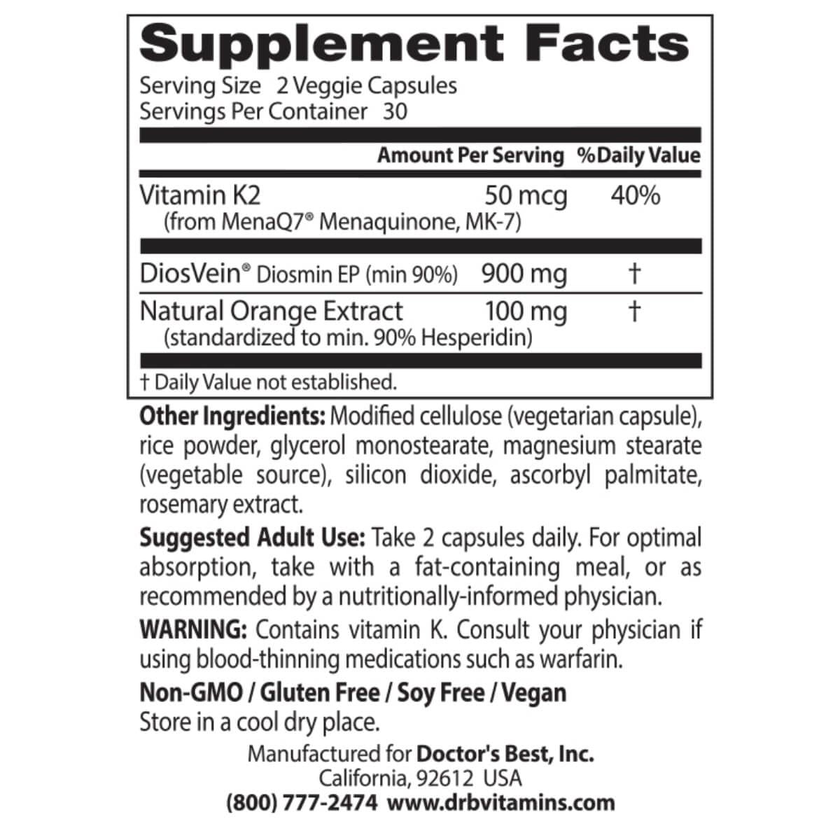 Doctor's Best Vein Support Supplement with DiosVein & MenaQ7 - 60 Vegetarian Capsules for Circulation & Leg Health - Supports Healthy Blood Flow for Active Lifestyles & Long Sitting Hours