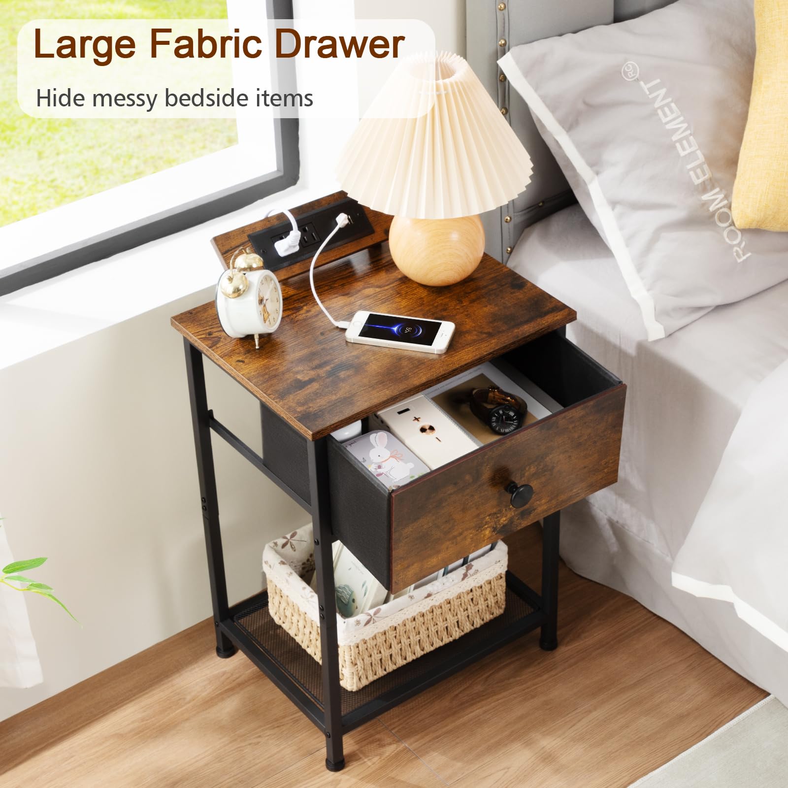 AMHANCIBLE Night Stand Set of 2 - Modern End Tables with Charging Station & Fabric Storage Drawer, Slim Bedside Tables for Small Spaces - Perfect for Bedroom, Living Room, or Office (Brown, HET03SDPBR)