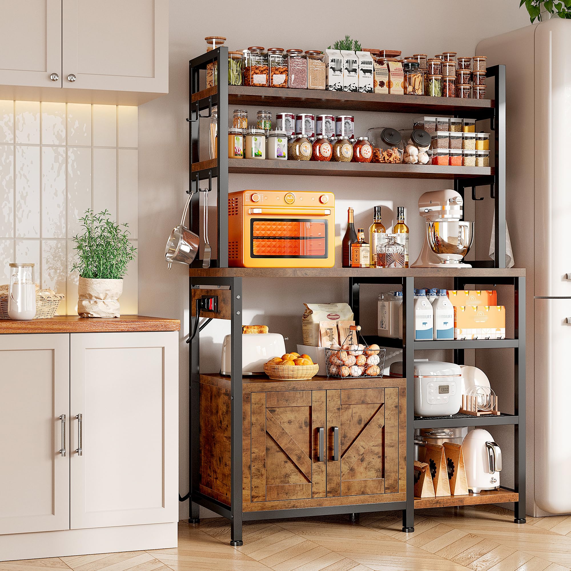 EnHomee 6-Tier Bakers Rack with Power Outlet & Storage Cabinet - Rustic Brown Kitchen Utility Shelf with Side Hooks | Perfect for Coffee Bar, Microwave Stand & Kitchen Organization