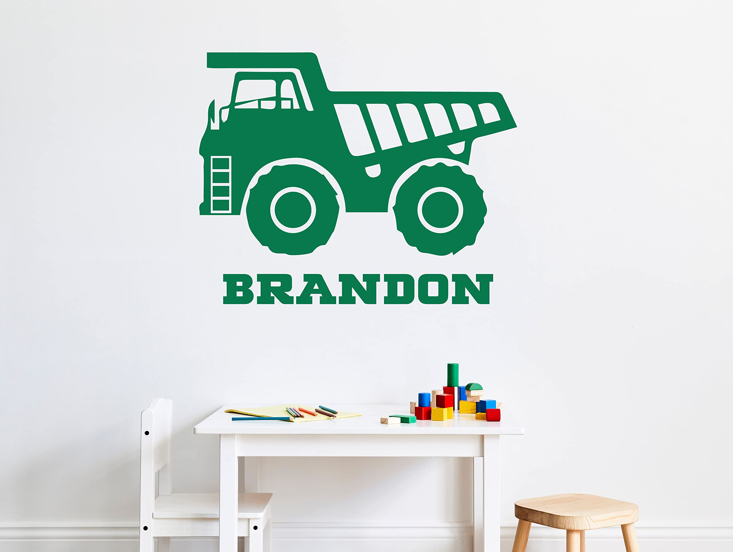 Customizable Construction Vinyl Wall Decal with Personalized Name - Dump Truck Home Decor for Bedroom, Nursery, Playroom & Barn - Removable Wall Sticker for Kids Room, Construction Theme Party & DIY Home Improvement Projects