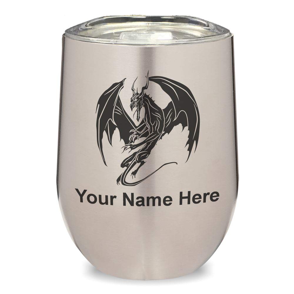 Personalized Dragon Engraved Double Wall Stainless Steel Wine Tumbler - Insulated Wine Glass for Gifts, Parties & Outdoor Use - Keeps Drinks Hot/Cold (Stainless Steel)