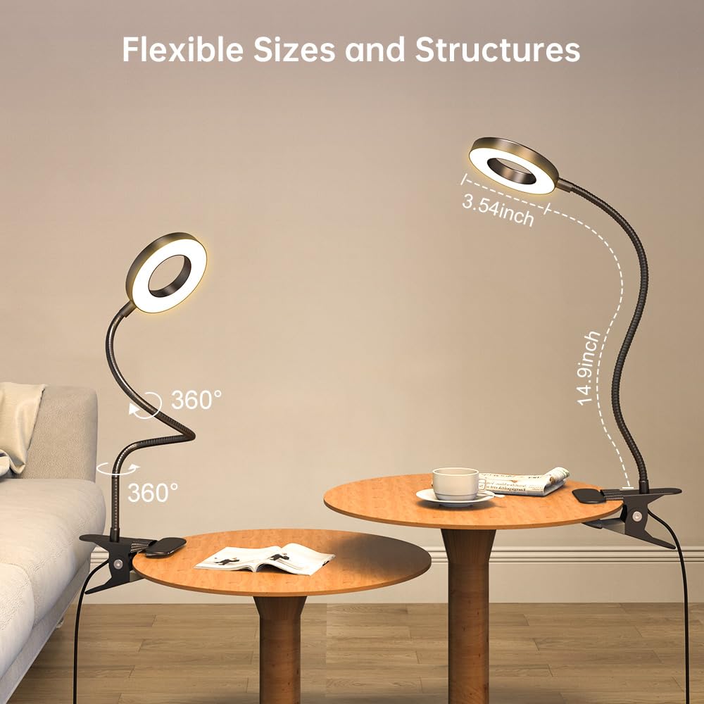 KEXIN Clip on Table Lamp - 3 Color Modes, 10 Brightness Levels, Dimmable Eye-Caring Reading Light with 360° Rotatable Metal Gooseneck - Portable Small Desk Lamp for Home, Office, Study, and Nightstand Use