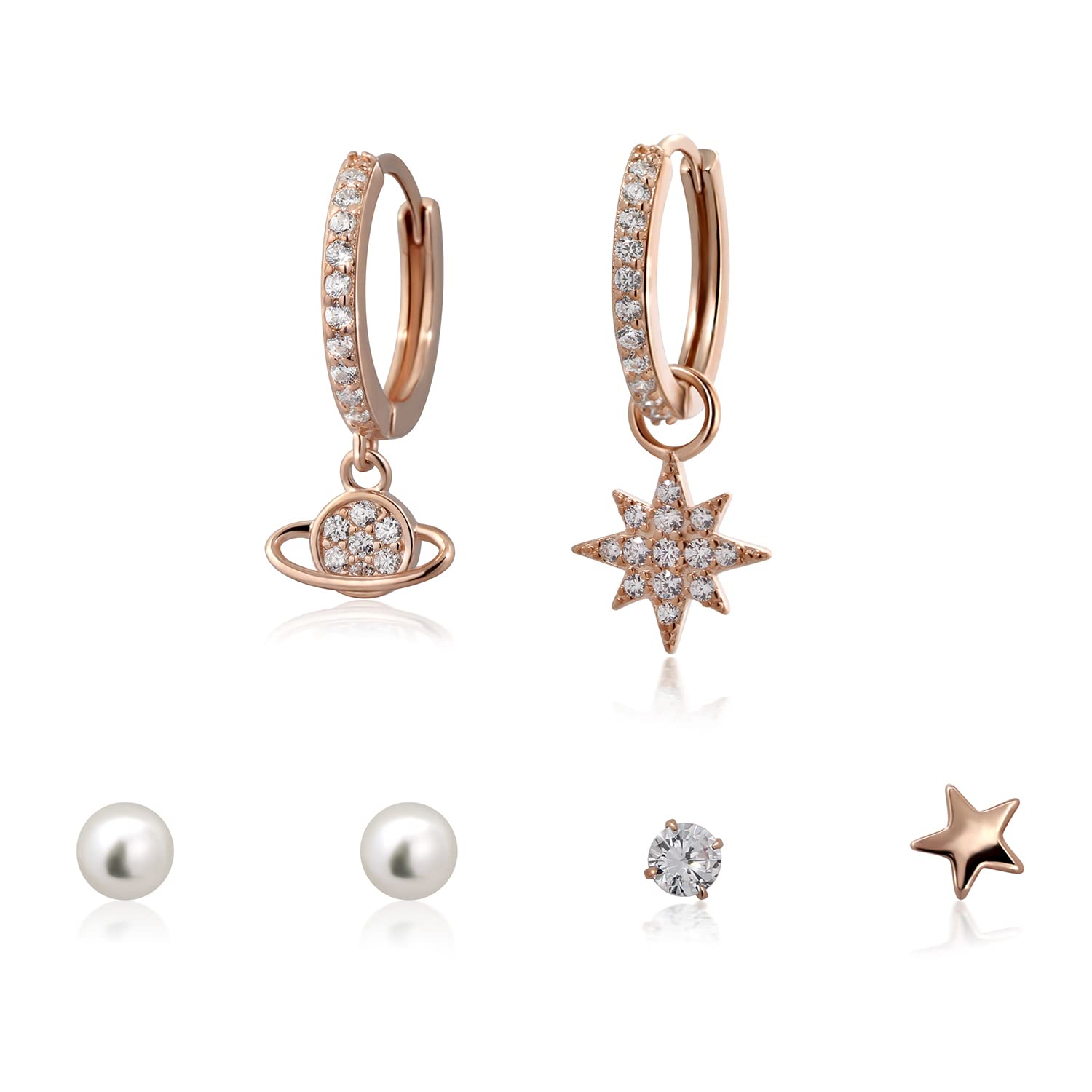 Small Hoop Dangle Drop Earrings for Women - Rose Gold Star & Planet Stud Earrings Set with Diamond & Pearl Accents | Perfect for Multiple Piercings, Everyday Wear & Special Occasions