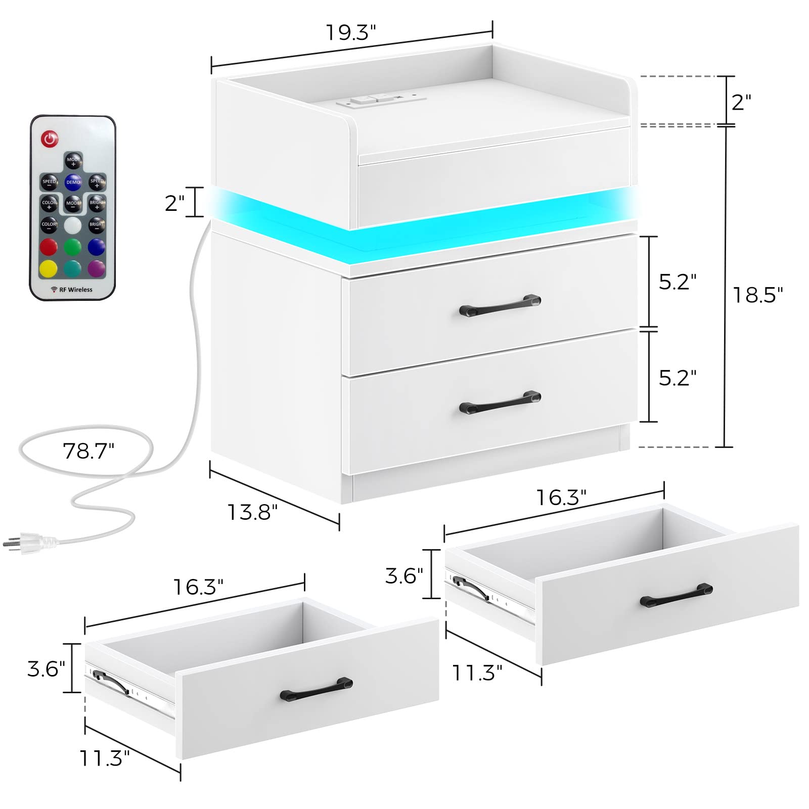 Rolanstar White Modern Nightstand with 2 Drawers, USB Charging Station & LED Lights - Tool-Free Quick Assembly Bedside Table for Bedroom, Living Room, Dorm - Perfect for Reading, Phone Charging & Bedside Storage