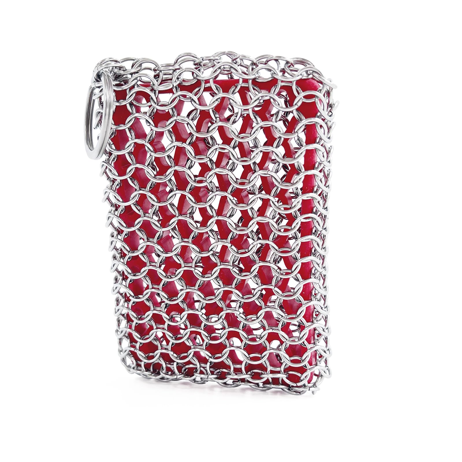 **Premium 316 Stainless Steel Chainmail Scrubber with Red Silicone Grip - Heavy Duty Cast Iron Pan Cleaner & Skillet Scrubber - Perfect for Grill, Dutch Oven, and Carbon Steel Cookware Cleaning**