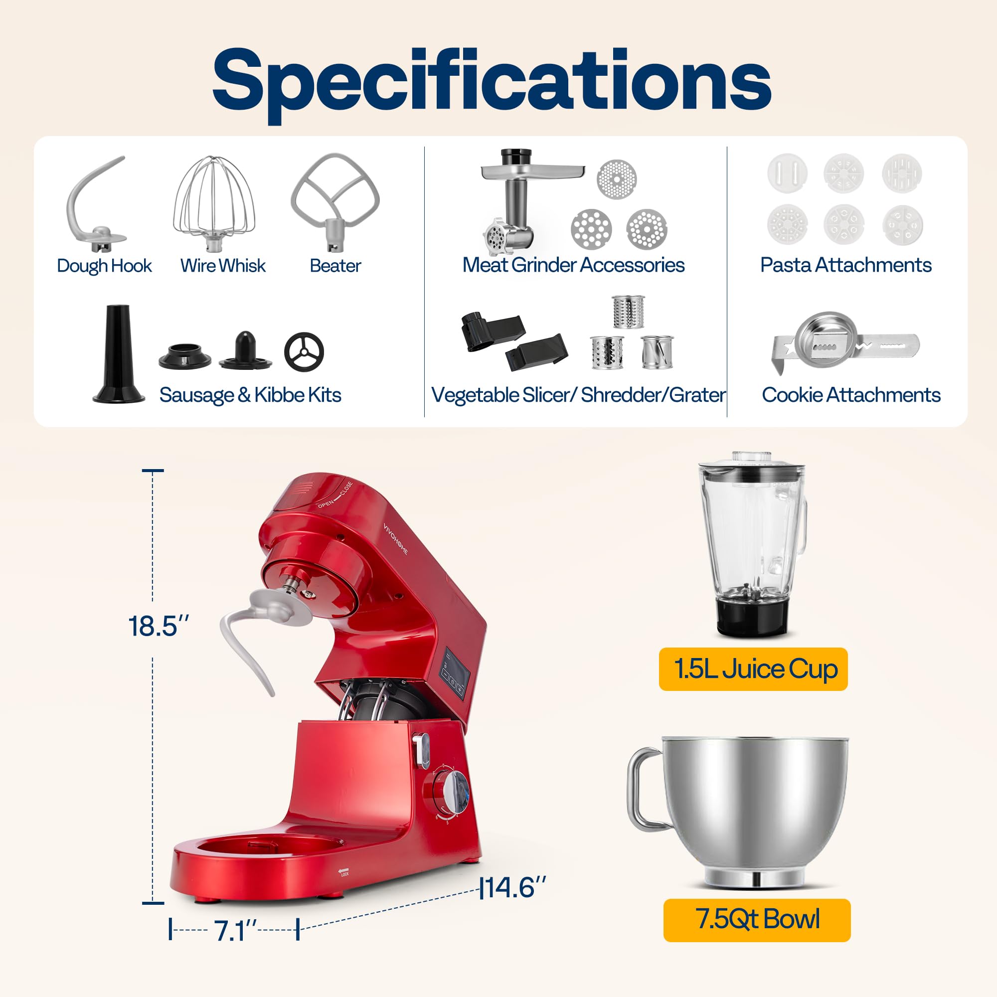 VIVOHOME 9-in-1 Electric Stand Mixer with Fermentation Function, 6-Speed 7.5-Quart Kitchen Mixer - Includes Meat Grinder, Juice Blender, Vegetable Slicer, Pasta & Cookie Maker (Red) - Perfect for Baking, Cooking, Meal Prep & Large Family Gatherings