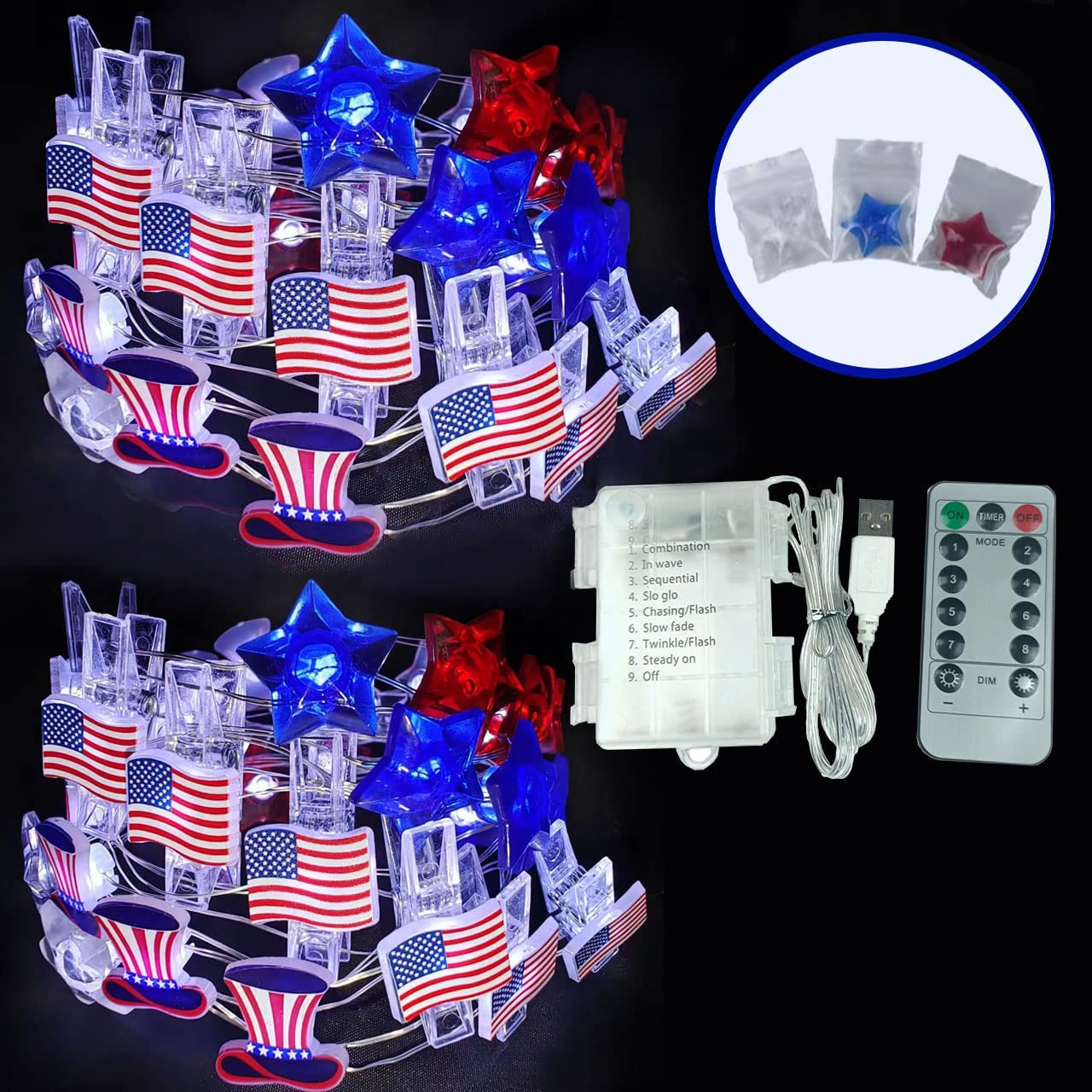 Bconeck Patriotic Fairy String Lights - 2 Pack, 26.3FT 80LED Red White Blue American Flag Star Lights with Timer | USB & Battery Powered for Independence Day, Memorial Day, 4th of July Decorations | Perfect for Backyard, Party, Wedding, and Holiday Lighting